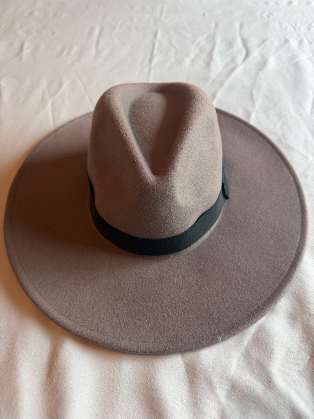 Men's Wide-Brim Felt Fedora Hat in Taupe with Black Band